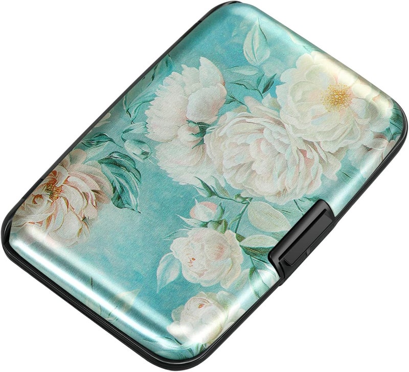 ELFISH Mini RFID Aluminum Wallet Credit Cards Holder Business Card Case Metal ID Case for Men Women(White peony) - Image 1